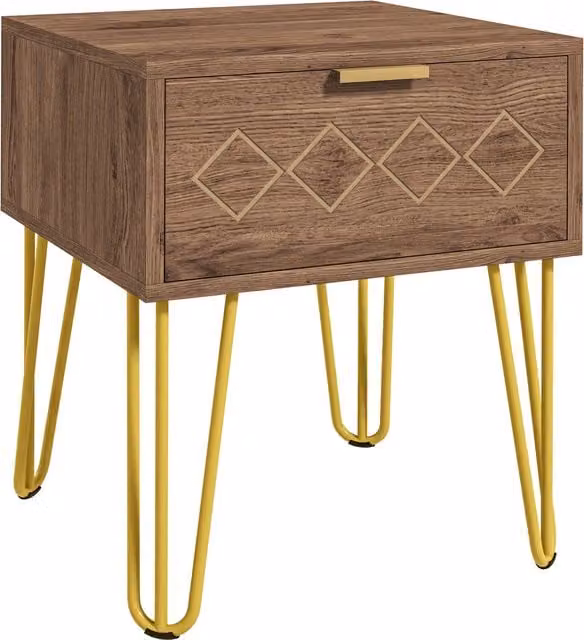 Set di 2 comodini moderni HOMCOM in MDF e metallo con cassetto, colore marrone e oro, L 39,5 cm x P 41 cm x H 49 cm