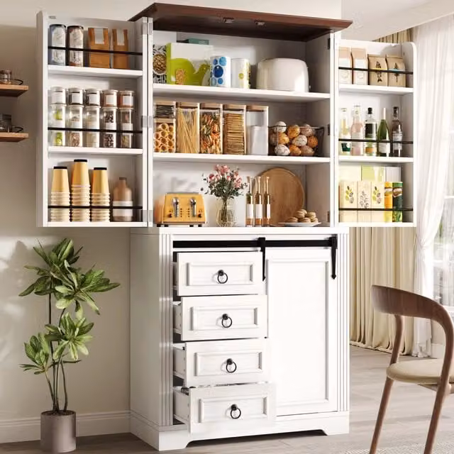 Credenza alta da cucina WISHDOR bianca con ante a battente, cassetti e ripiani interni, chiusura soft-close, H: 180 cm, L: 39,8 cm, P: 53 cm