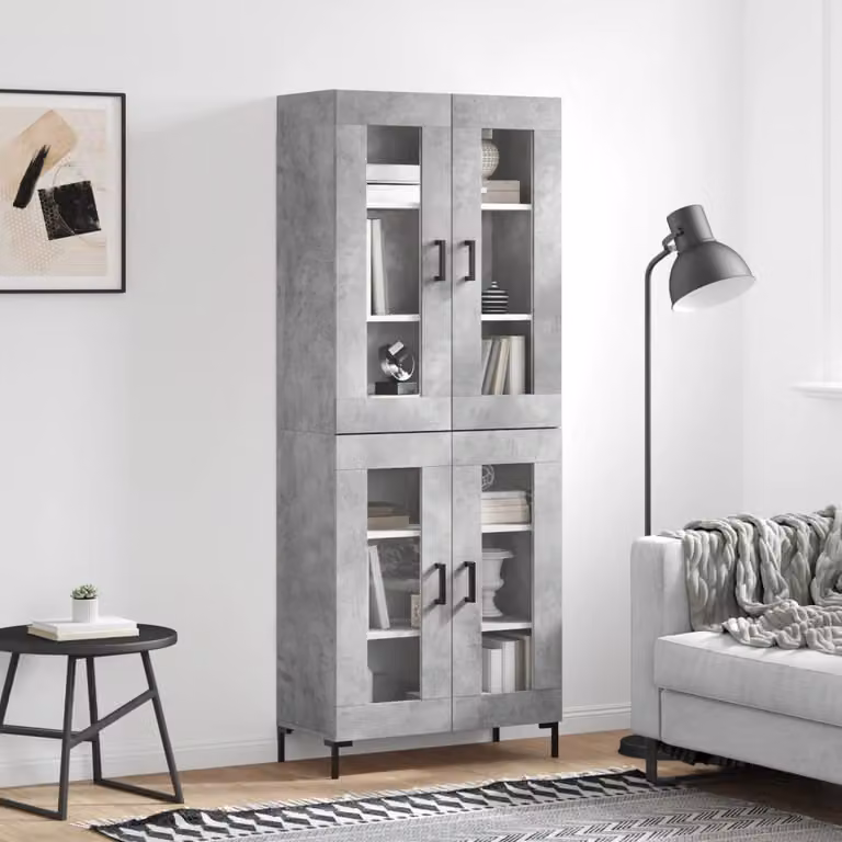 Credenza moderna vidaXL in legno e vetro con ante in vetro, Grigio, L: 69,5 cm, P: 34 cm, H: 180 cm