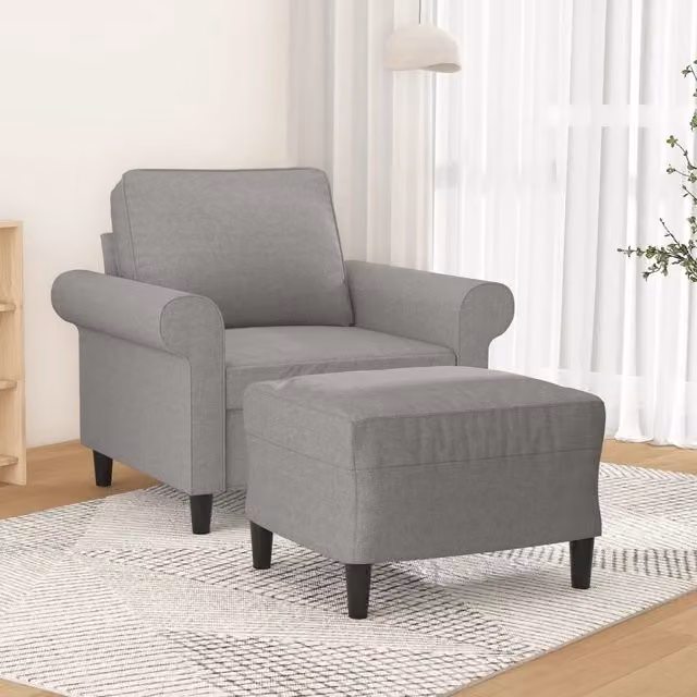 Poltrona moderna con poggiapiedi vidaXL in tessuto grigio con struttura in metallo e imbottitura in schiuma
