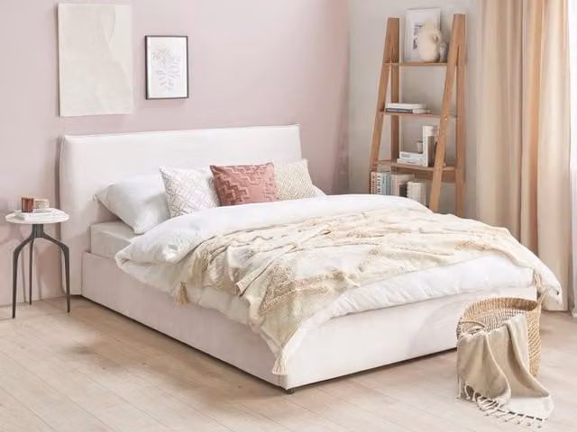 Letto Beliani King Size con contenitore e rivestimento in velluto bianco, testata classica e doghe in legno, L/P/H: 160 x 200 x 100 cm