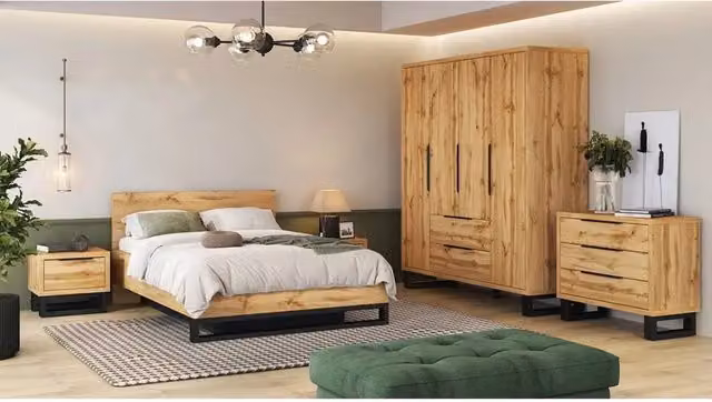 Camera da letto completa stile industriale MEUBLORAMA MILOS in rovere e nero con armadio, letto contenitore 160x200 cm, cassettiera e comodini