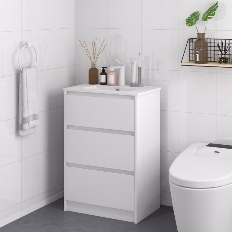 Mobiletto bagno kleankin con 2 cassetti in truciolato e lavabo in ceramica sintetica, Bianco, L: 61 cm, P: 37 cm, H: 88 cm