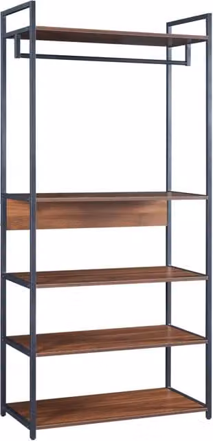 Appendiabiti guardaroba aperto con 4 ripiani in stile industriale, effetto noce e nero, L: 84 cm, H: 180 cm, P: 40 cm