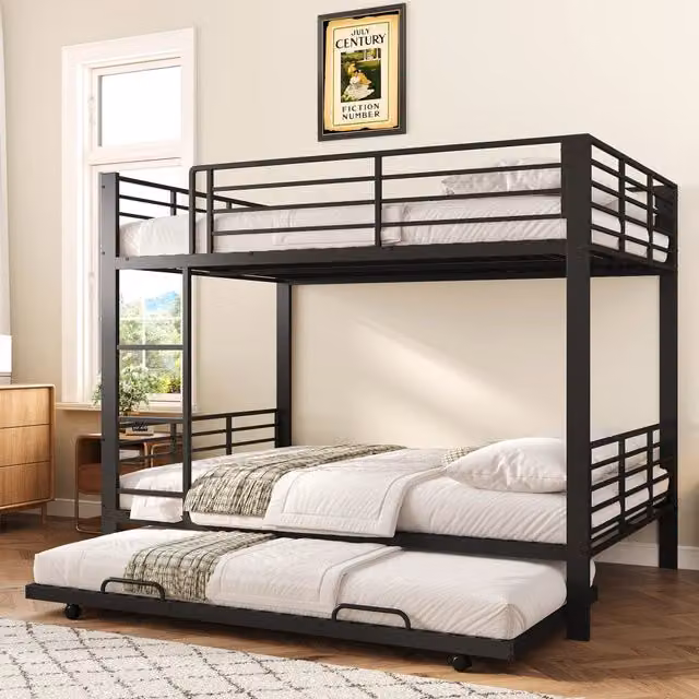 Letto a castello Mivray con letto estraibile, struttura in metallo nero e protezione anticaduta, L/P/H: 140 x 200 x 170 cm