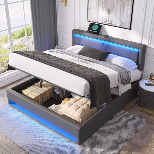 Letto contenitore Mivray con ricarica USB, ricarica wireless e illuminazione LED, rivestimento in ecopelle grigio, L/P: 140 x 190 cm