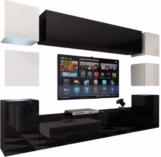 Set di mobili da soggiorno sospesi Meublorama collezione CEPTO XIV, 10 pezzi, nero e bianco con illuminazione LED integrata, L: 256 cm