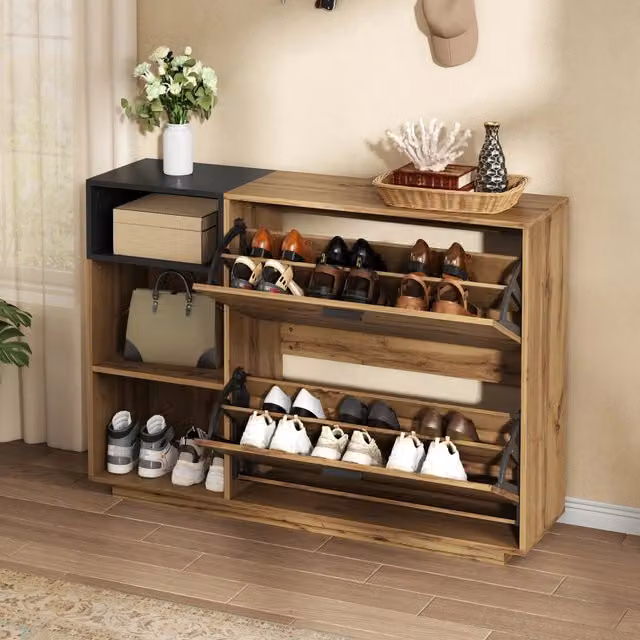 Scarpiera moderna Mivray per ingresso con scomparti a ribalta e vani aperti in MDF, marrone e nero, L: 120 cm, P: 32 cm, H: 84.5 cm
