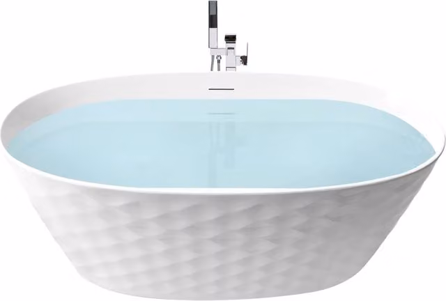 Vasca da bagno ovale moderna indipendente BELIANI con motivo geometrico a rombi, finitura acrilica lucida, Bianco, L: 150 cm, P: 75 cm, H: 59 cm