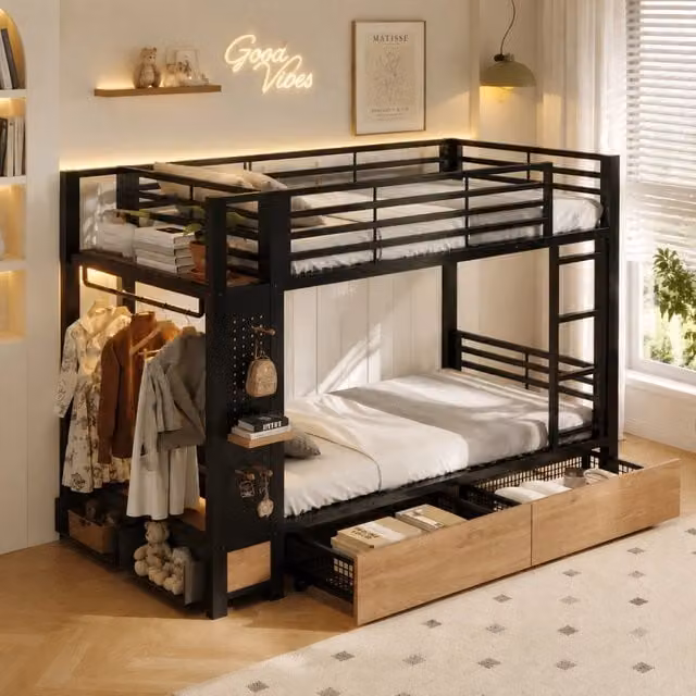 Letto a castello MIVRAY nero con LED, cassetti, ripiani e barra appendiabiti in metallo e MDF, L/P/H: 90 x 200 x 231,5 cm