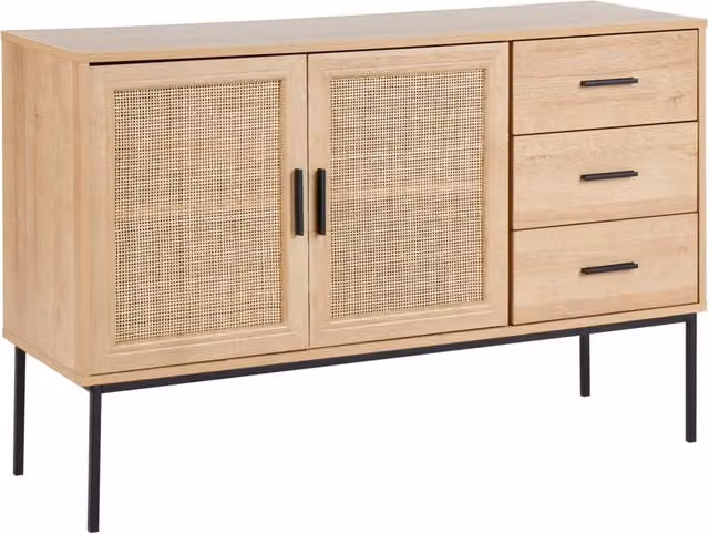 Cassettiera Beliani in rattan e legno con tre cassetti e due sportelli in stile boho, colore beige e marrone, L: 120 cm