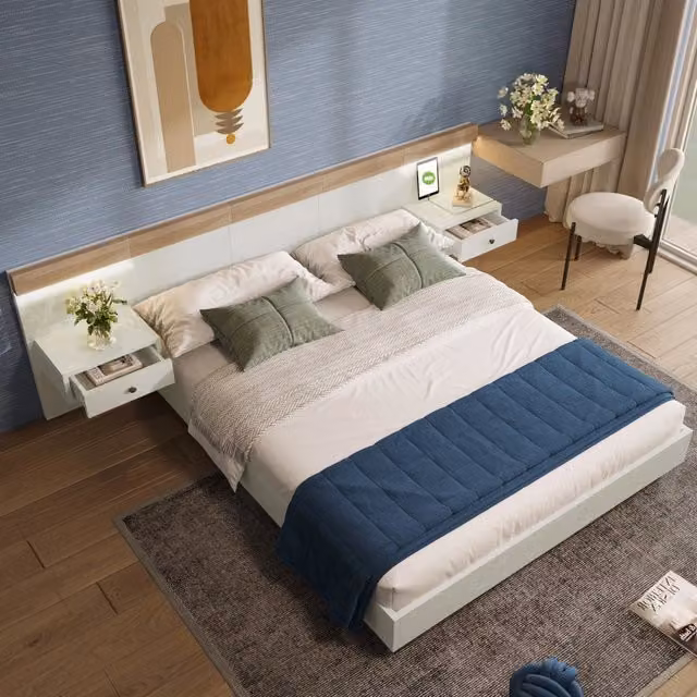 Letto matrimoniale REDOM con testiera, 2 comodini con cassetti, illuminazione LED sottostante e porta di ricarica USB, Bianco/Rovere, 180x200 cm