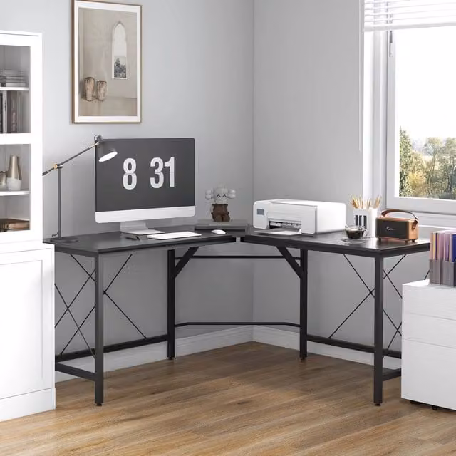 Scrivania Angolare a L REDOM Moderna in MDF e Metallo Nero L/P/H: 150 x 150 x 76 cm