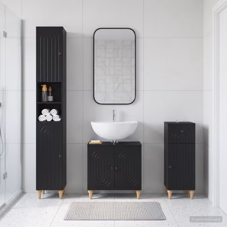 Set di armadietti da bagno 3 pezzi vidaXL ALKMAAR Nero con mobile lavabo, colonna alta e mobile laterale in legno opaco