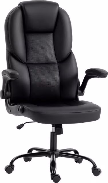 Sedia da ufficio girevole HOMCOM con funzione dondolo, braccioli ribaltabili e schienale alto, rivestimento in ecopelle nera