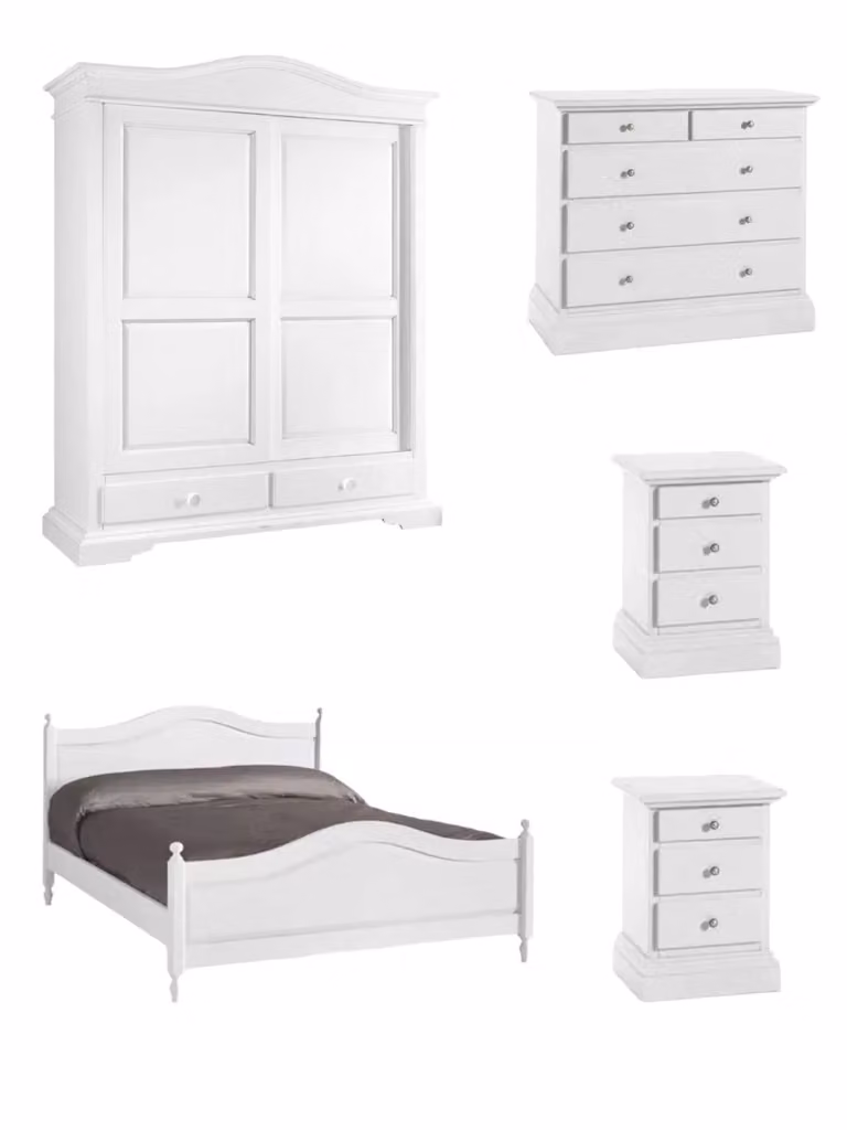 Set camera da letto matrimoniale shabby chic bianco Mobili 2G con armadio, letto, cassettiera e comodino in legno e MDF