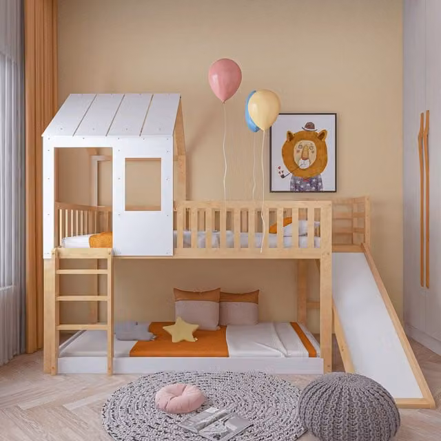 Letto a castello per bambini Aosom con struttura a casetta, scala e scivolo, legno massiccio naturale, L/P: 200 x 90 cm