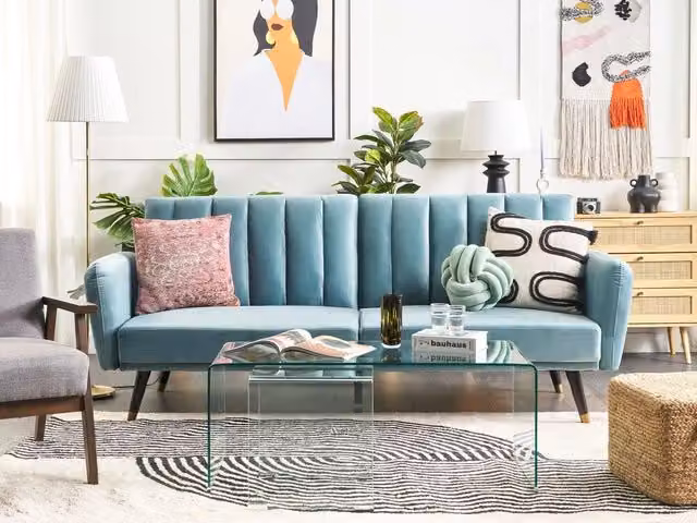 Divano Letto Click Clack Beliani in Velluto Blu con Struttura in Legno di Gomma e Poggiatesta Regolabile per Soggiorno e Camera da Letto L: 212 cm, P: 90 cm, H: 80 cm