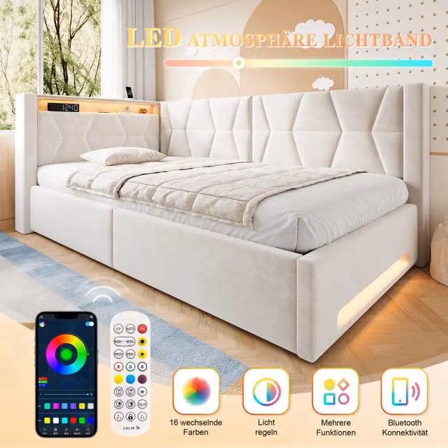 Letto singolo con contenitore Mivray in velluto beige con illuminazione LED e porte di ricarica USB e Type-C L/P: 90 x 200 cm