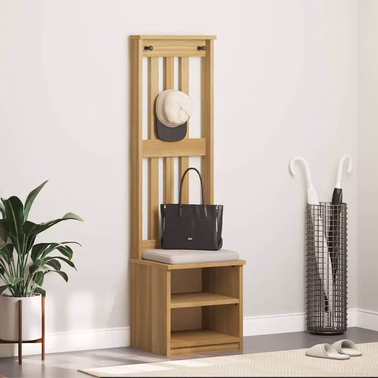 vidaXL Albero da Ingresso SANDNES in Legno di Pino con Panca, Stile Rustico, Marrone e Beige, L: 45 cm, P: 40 cm, H: 159,5 cm
