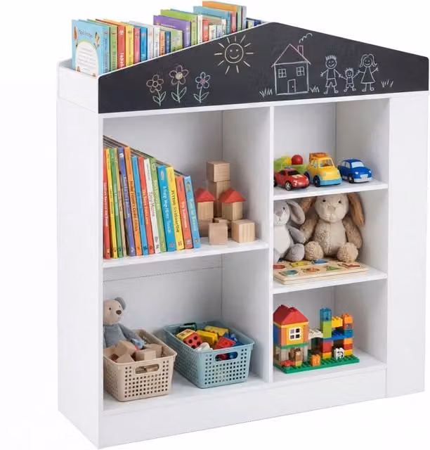 Scaffale portagiochi in legno per bambini con 11 scomparti e lavagna, Libreria bianca per cameretta L: 94 cm, P: 30 cm, H: 102 cm