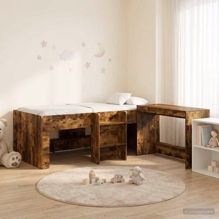 Set Letto Singolo con Scrivania vidaXL in Legno Rovere Fumo L: 120 cm, P: 68,5 cm, H: 111 cm, 203 cm