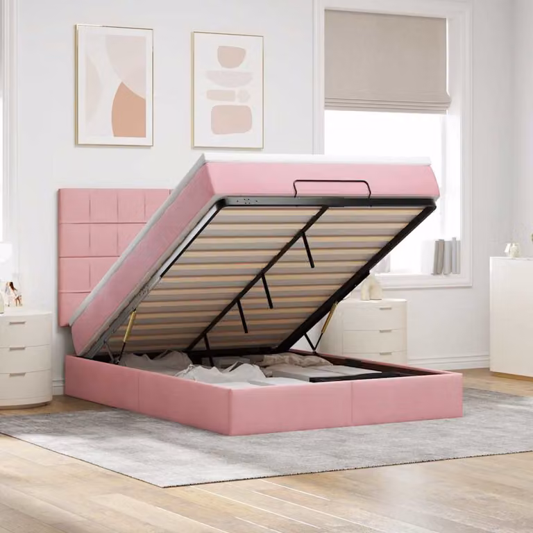 Letto con contenitore a sollevamento vidaXL in velluto rosa e bianco, L/P/H: 193 x 144 x 128 cm