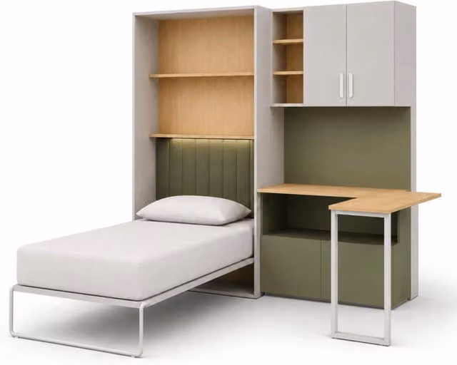 Composizione cameretta moderna salvaspazio con letto a scomparsa, armadio, cassettiera e scrivania in melaminico Cashmere e Verde, L: 133 cm, P: 208.5 cm, H: 45-216 cm