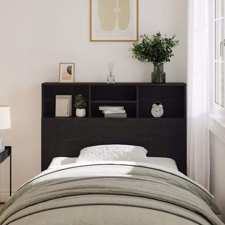 Testata del letto moderna vidaXL in legno ingegnerizzato rovere nero con ripiano integrato L 120 x H 103,5 x P 19 cm