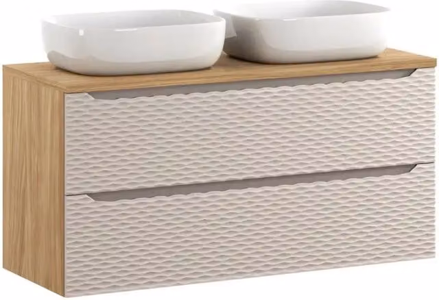 Set da bagno Meublorama YOKA beige e bianco: mobile sospeso con cassetti e ante, piano per lavabo e 2 lavabi da appoggio, L: 120 cm