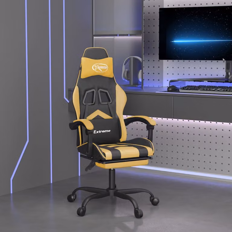 Sedia da Gaming Girevole vidaXL in Similpelle con Poggiapiedi e Braccioli, Nero e Oro