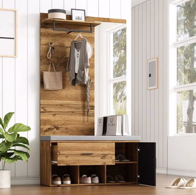 Armadio guardaroba moderno in legno effetto rovere marrone con specchio, scarpiera e panca, L: 104 cm, P: 39 cm, H: 190 cm