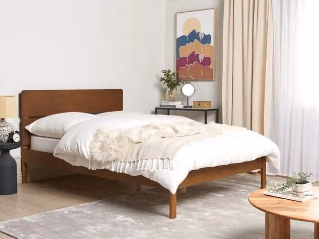 Letto matrimoniale BELIANI in legno di gomma oliato marrone stile rustico L: 140 cm, P: 205 cm, H: 101 cm con doghe fisse