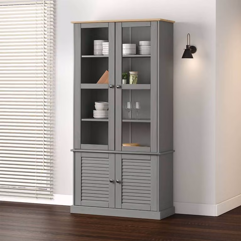 Vetrina VIGO vidaXL in legno massello di pino grigio con ante in vetro, L/P/H: 85 x 35 x 170 cm