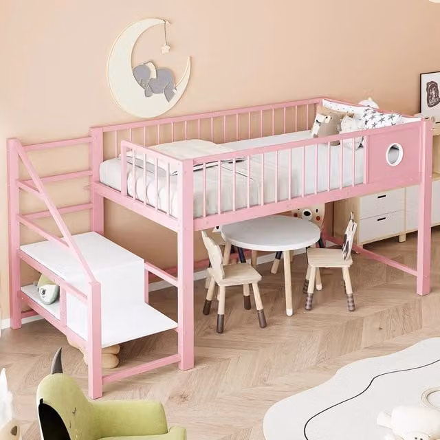 Letto a castello basso per bambini WISHDOR in metallo con scala contenitore e scomparti laterali, Rosa, L/P/H: 200 x 90 x 120 cm