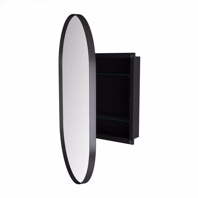 Armadio a specchio ovale B&F da parete con funzione anti-appannamento, Nero, H 85 cm x L 51,5 cm x P 12 cm