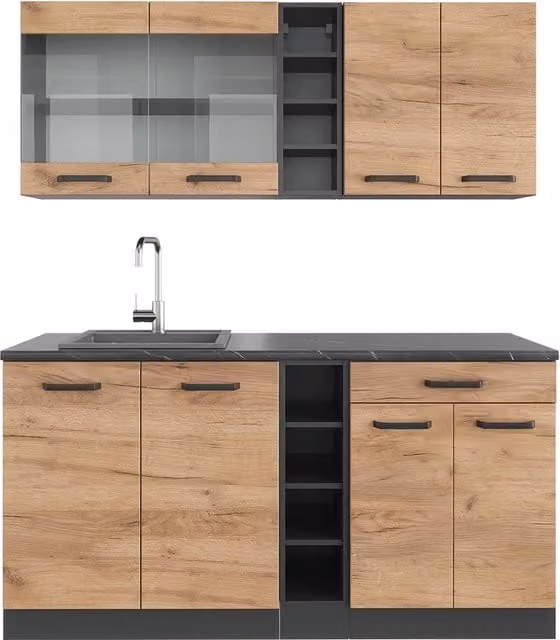 Cucina completa moderna Vicco R-Line in rovere dorato e antracite, larghezza: 160 cm, senza piano di lavoro