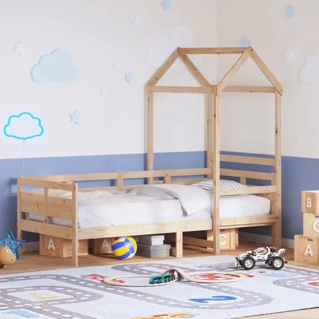 Dormeuse con tetto in legno massello di pino vidaXL per bambini, colore marrone, L 200 x P 80 x H 176,5 cm