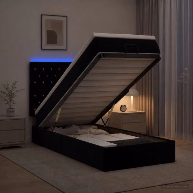 Letto Ottomano con Materasso e Illuminazione LED vidaXL in Velluto Nero, L/P/H: 190 x 90 x 88 cm