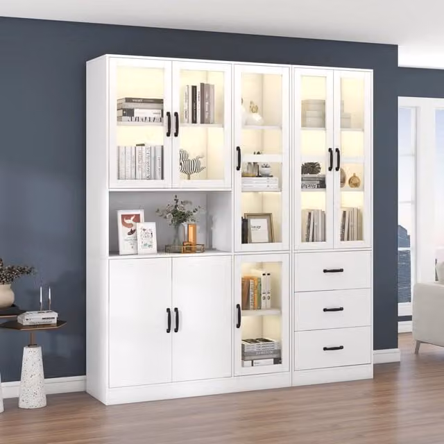 Vetrina combinata MIVRAY bianca con 8 ante in vetro, 3 cassetti e illuminazione LED USB, in truciolare e vetro, L: 180 cm, H: 200 cm, P: 40 cm