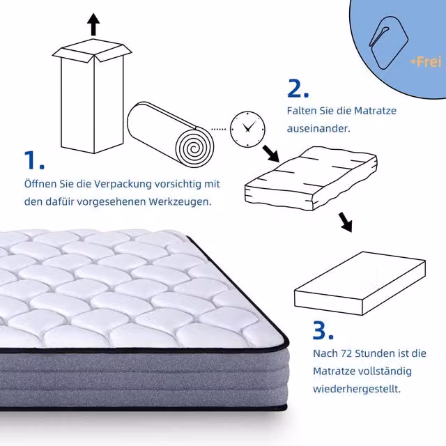 Materasso Ibrido OKWISH a 7 Zone con Molle Insacchettate e Memory Foam, Effetto Boxspring, Bianco e Grigio, L: 160 cm x P: 200 cm