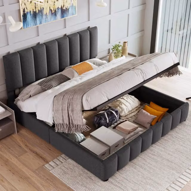 Letto contenitore Mivray in tessuto lino grigio con apertura idraulica e testiera regolabile L/P/H: 212 x 140 x 153 cm