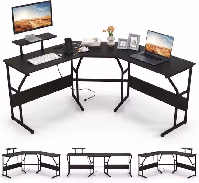 Scrivania ad angolo a forma di L con presa elettrica e supporto monitor mobile, colore nero, L: 225 cm