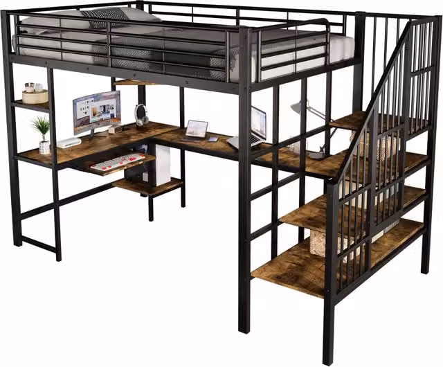 Letto a castello REDOM con scrivania e porta di ricarica USB, Nero e Noce scuro, L/P/H: 200 x 120 x 170 cm