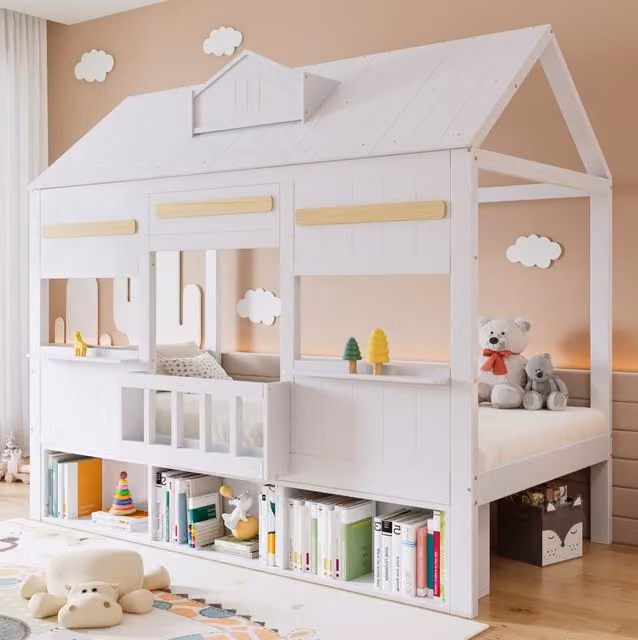 Letto a soppalco per bambini Beaok a forma di casetta con libreria, Bianco, L/P/H: 90 x 200 cm