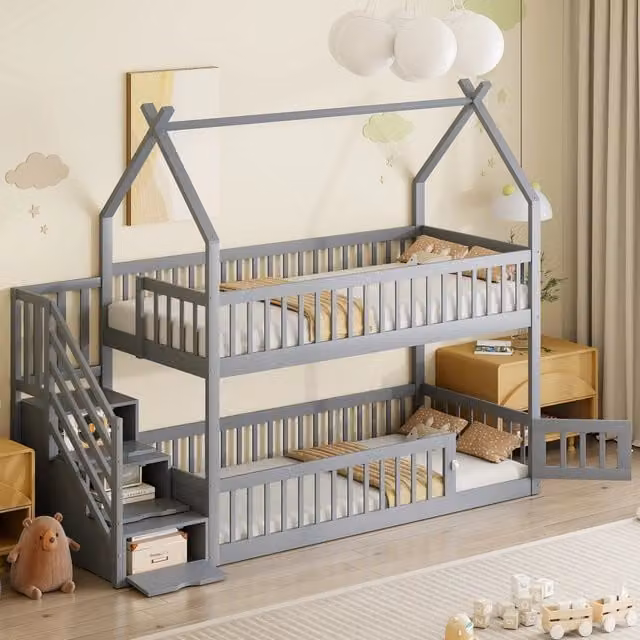Letto a castello MIVRAY per bambini con struttura a casetta, scala con cassetti e area inferiore recintata, colore grigio, L/P/H: 200 x 90 x 253 cm