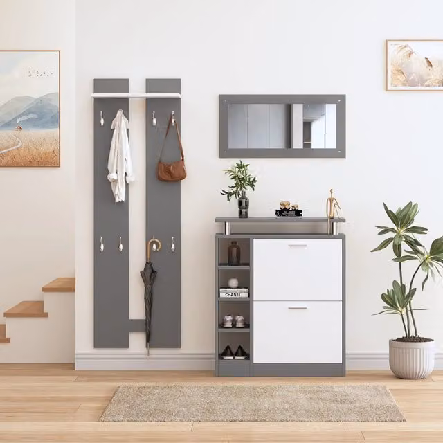 Mobile contenitore porta scarpe REDOM per ingresso con specchio, Grigio e Bianco, L: 80 cm, P: 25 cm, H: 96,5 cm
