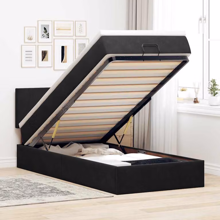 vidaXL Struttura Letto con Materasso e Contenitore a Sollevamento in Velluto Nero L: 200 cm, P: 90 cm, H: 88 cm