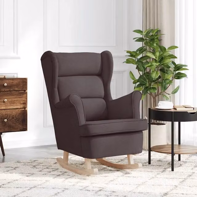 Sedia a dondolo vidaXL in tessuto marrone con braccioli e struttura in legno di gomma L: 74 cm, P: 90 cm, H: 102 cm