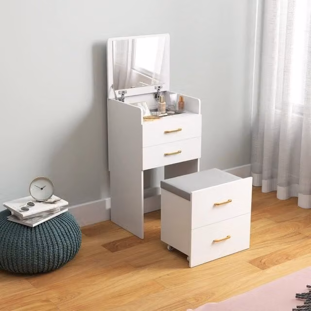Tavolo Toeletta 3 in 1 REDOM Bianco con Specchio e Sgabello L/P/H: 48 x 40 x 90 cm